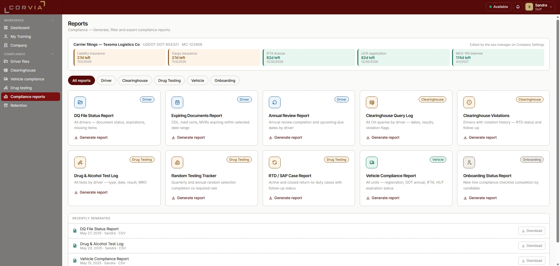 Corvia compliance reports: carrier filing expirations plus DQ file, Clearinghouse, drug testing, and vehicle compliance report generation