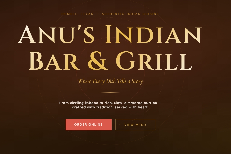Anu's Indian Bar and Grill homepage hero with gold serif typography on a deep brown background